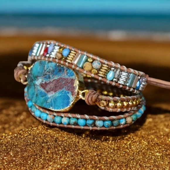 🆕️Boho-Chic 3-Layer Leather Wrap Bracelet | Chrysocolla Jasper 🌊 Natural Stone - Picture 6 of 12